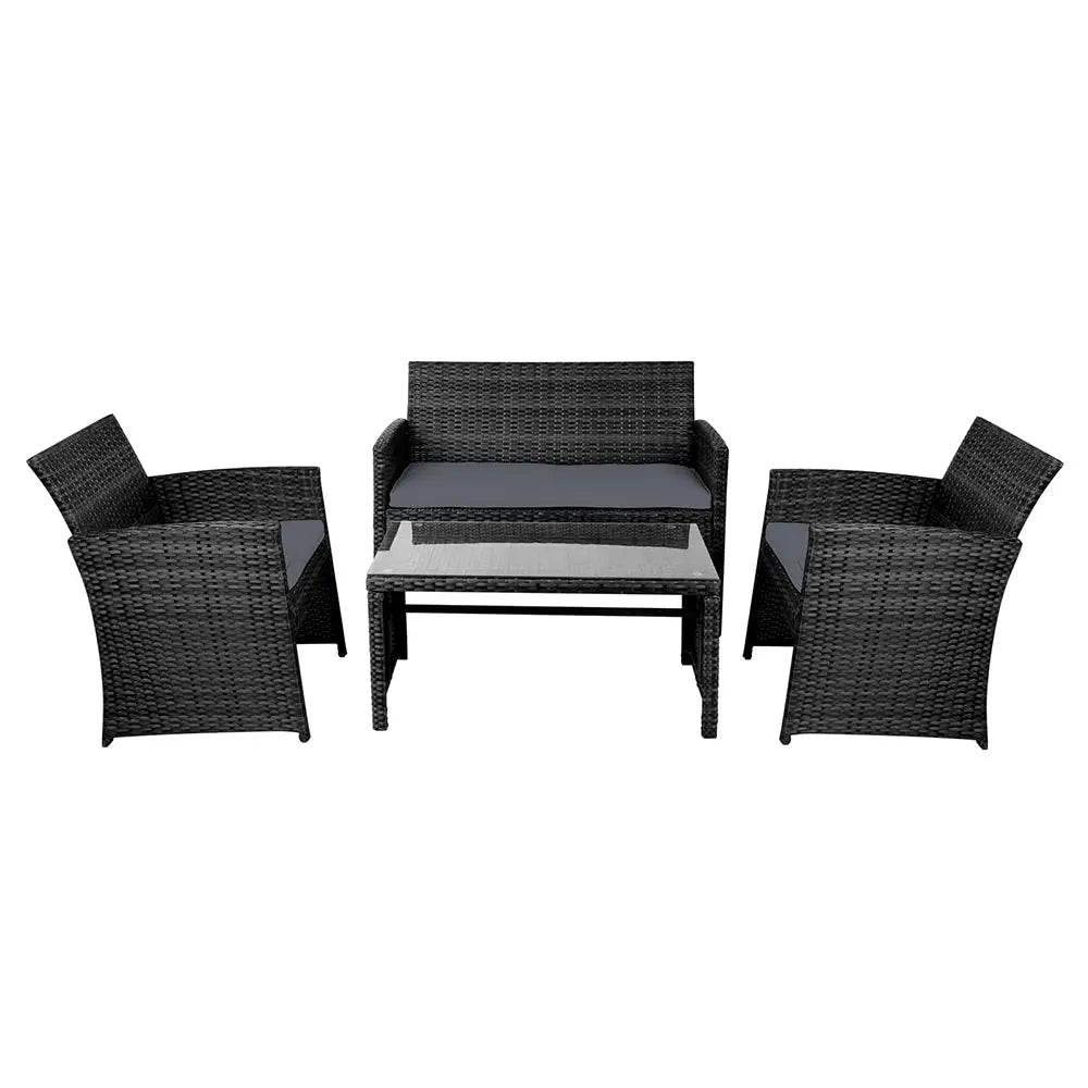 Gardeon 4 PCS Outdoor Sofa Set Rattan Chair Table Setting Garden Furniture Black - Furniture > Outdoor