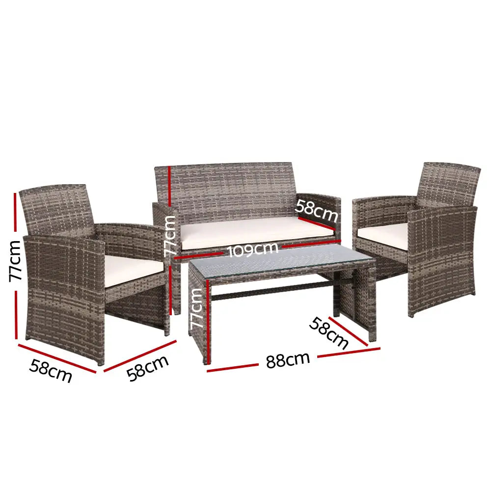 Gardeon 4 PCS Outdoor Sofa Set Rattan Chair Table Setting Garden Furniture Grey - Furniture > Outdoor