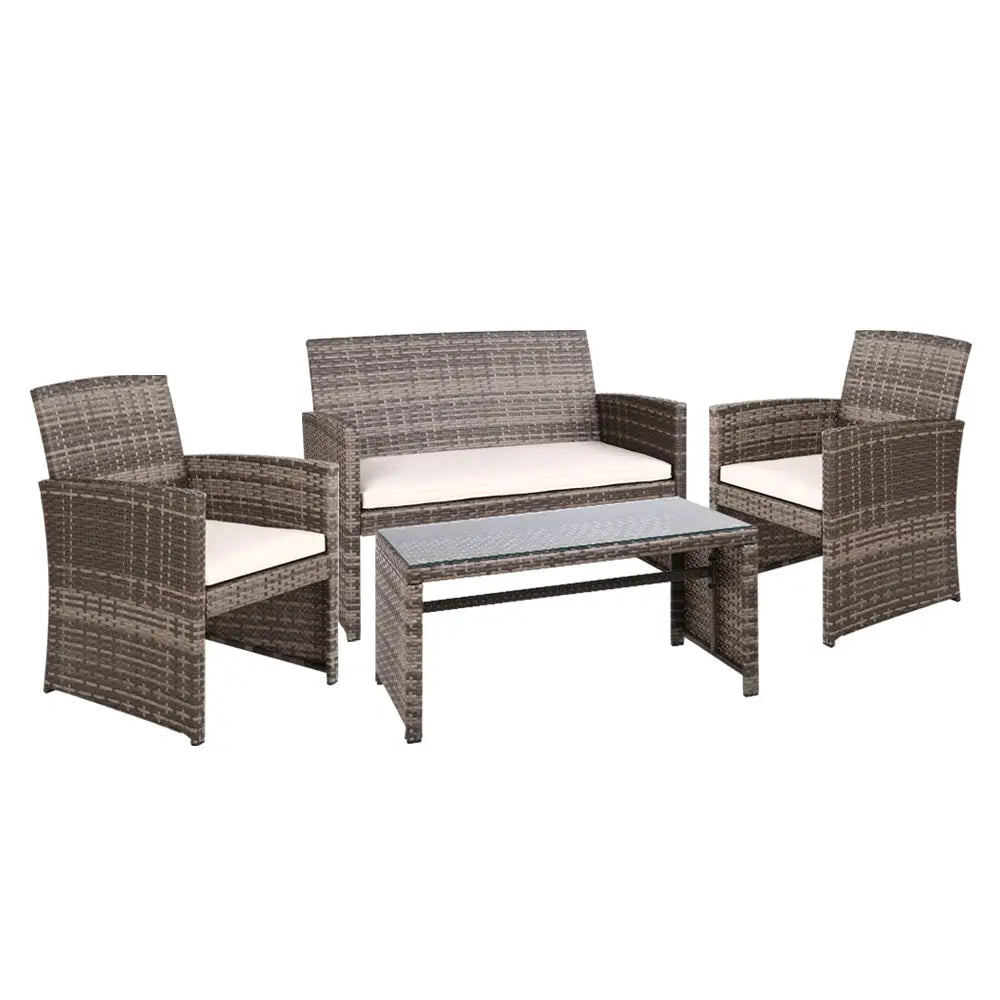 Gardeon 4 PCS Outdoor Sofa Set Rattan Chair Table Setting Garden Furniture Grey - Furniture > Outdoor