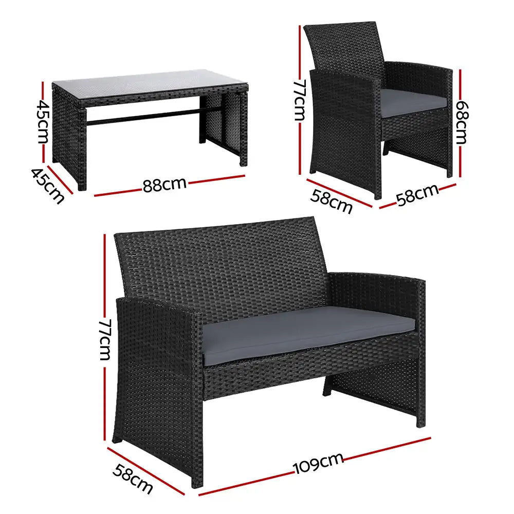 Gardeon 4 PCS Outdoor Sofa Set Rattan Chair Table Setting Garden Furniture Black - Furniture > Outdoor