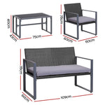 Gardeon 4 PCS Outdoor Sofa Set Rattan Furniture Glass Top Table Chairs Black - Furniture > Outdoor