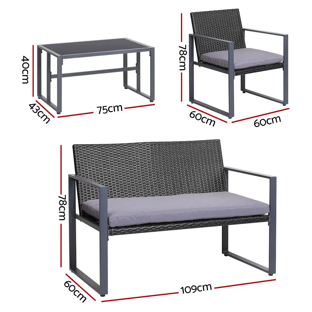 Gardeon 4 PCS Outdoor Sofa Set Rattan Furniture Glass Top Table Chairs Black - Furniture > Outdoor