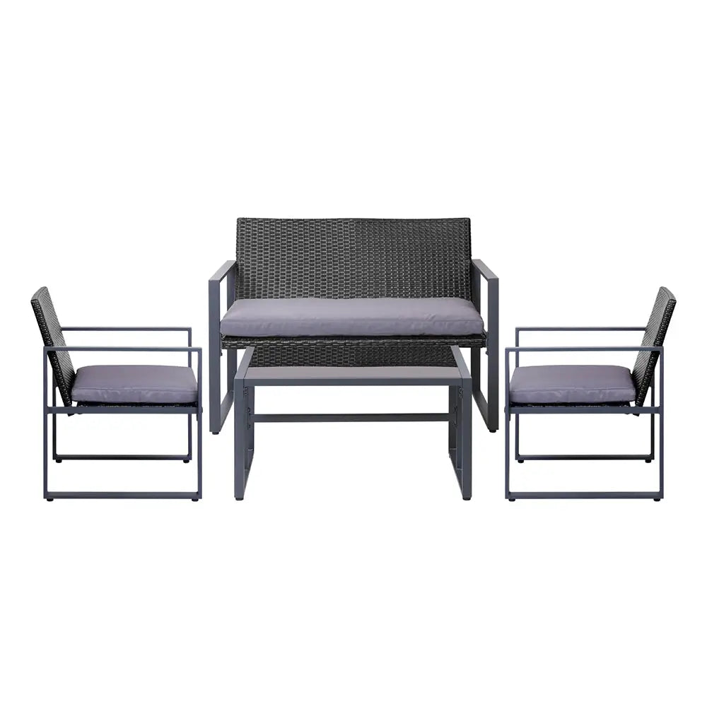 Gardeon 4 PCS Outdoor Sofa Set Rattan Furniture Glass Top Table Chairs Black - Furniture > Outdoor