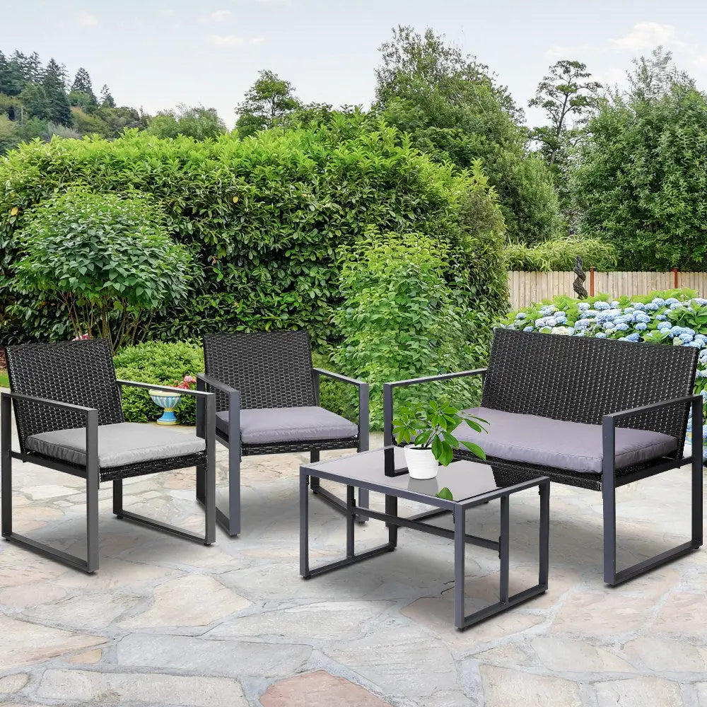 Gardeon 4 PCS Outdoor Sofa Set Rattan Furniture Glass Top Table Chairs Black - Furniture > Outdoor