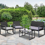 Gardeon 4 PCS Outdoor Sofa Set Rattan Furniture Glass Top Table Chairs Black - Furniture > Outdoor