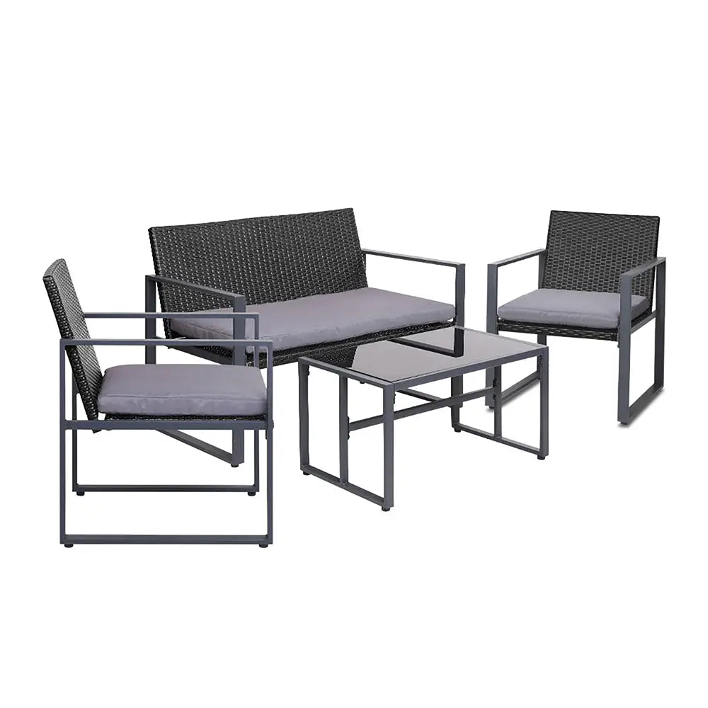 Gardeon 4 PCS Outdoor Sofa Set Rattan Furniture Glass Top Table Chairs Black - Furniture > Outdoor