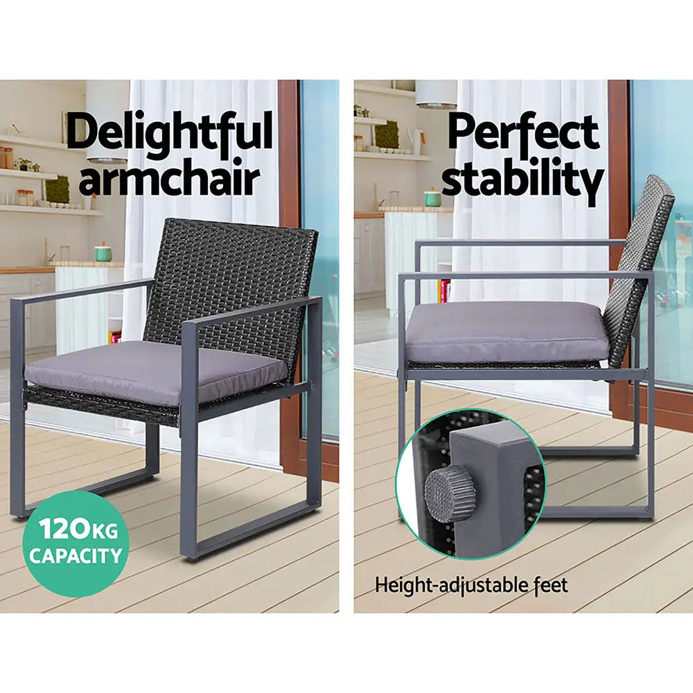 Gardeon 4 PCS Outdoor Sofa Set Rattan Furniture Glass Top Table Chairs Black - Furniture > Outdoor