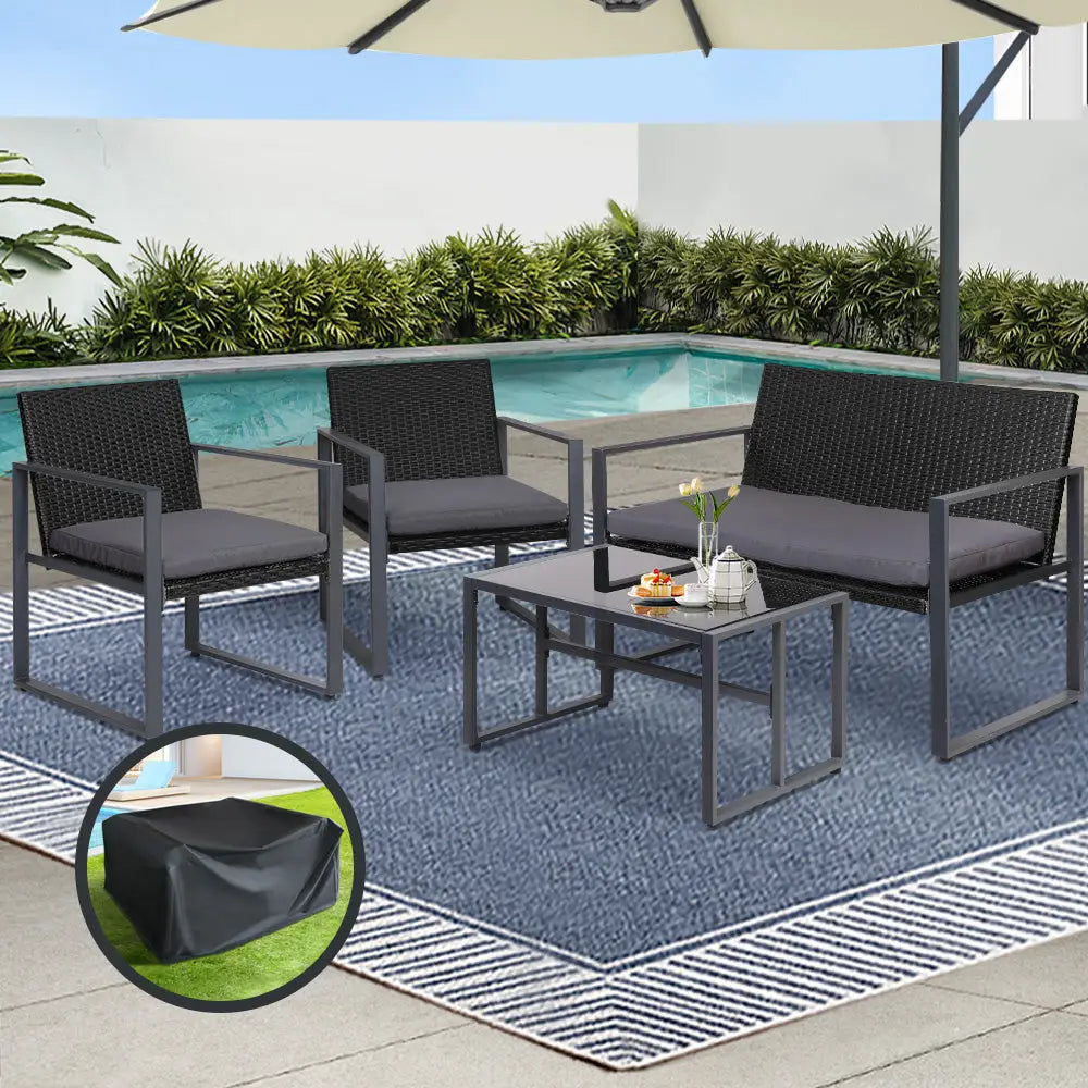 Gardeon 4 PCS Outdoor Sofa Set Rattan Furniture with Storage Cover Chairs Black - Furniture > Outdoor > Outdoor Chairs