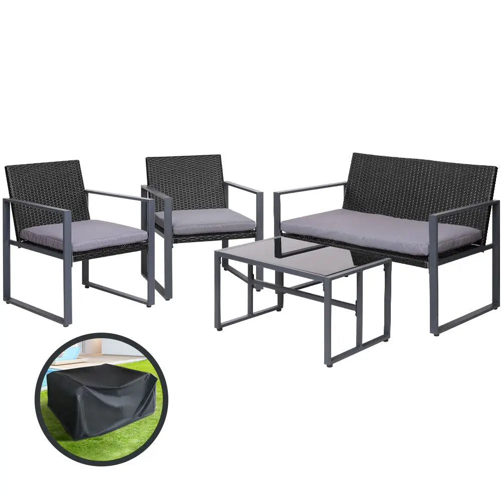 Gardeon 4 PCS Outdoor Sofa Set Rattan Furniture with Storage Cover Chairs Black - Furniture > Outdoor > Outdoor Chairs