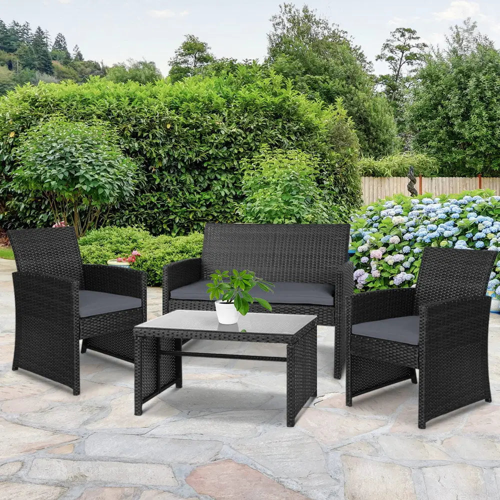 Gardeon 4 PCS Outdoor Sofa Set with Storage Cover Rattan Chair Furniture Black - Furniture > Outdoor > Outdoor Chairs