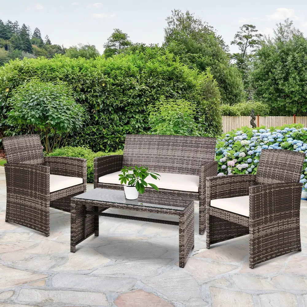 Gardeon 4 PCS Outdoor Sofa Set with Storage Cover Rattan Chair Furniture Grey - Furniture > Outdoor > Outdoor Chairs