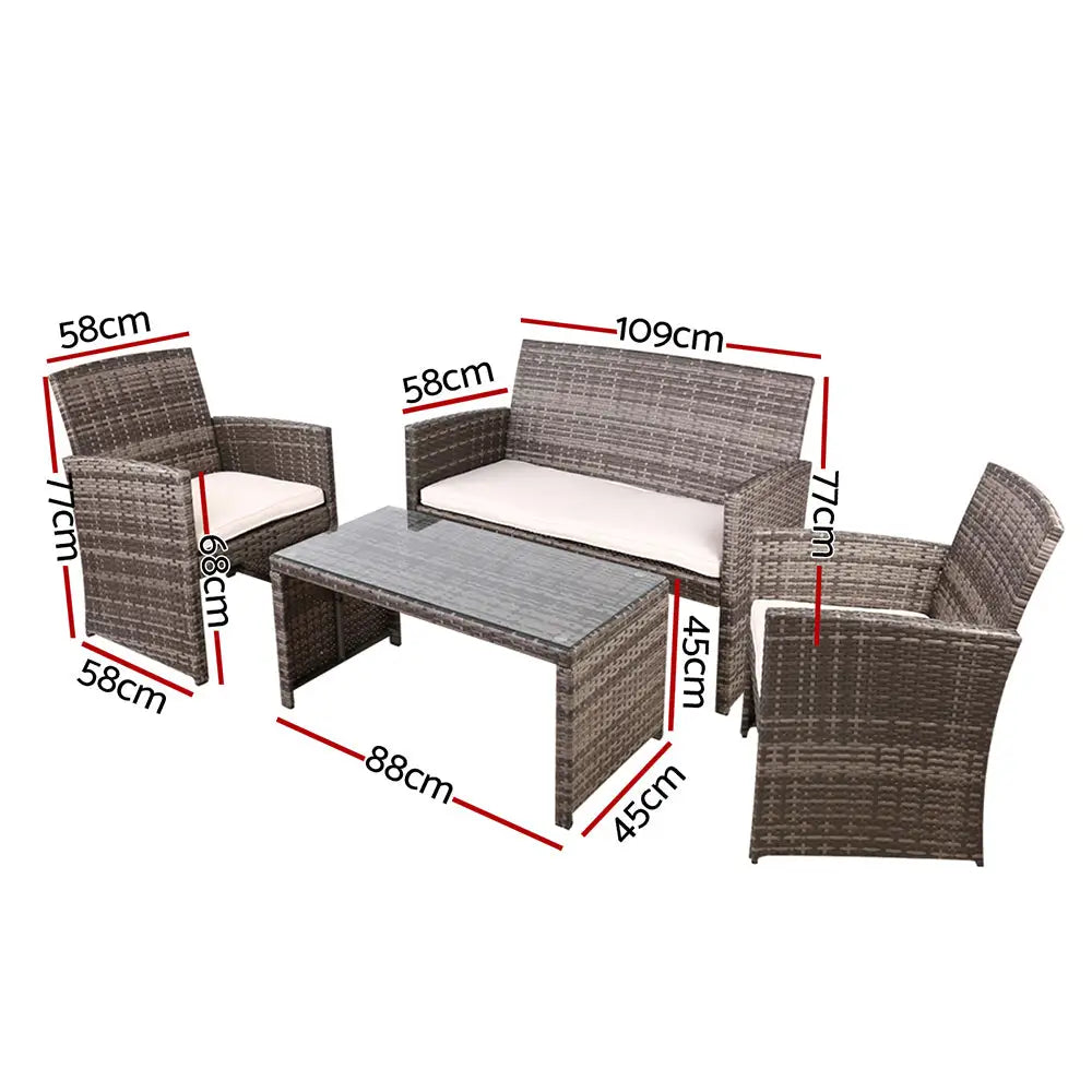 Gardeon 4 PCS Outdoor Sofa Set with Storage Cover Rattan Chair Furniture Grey - Furniture > Outdoor > Outdoor Chairs