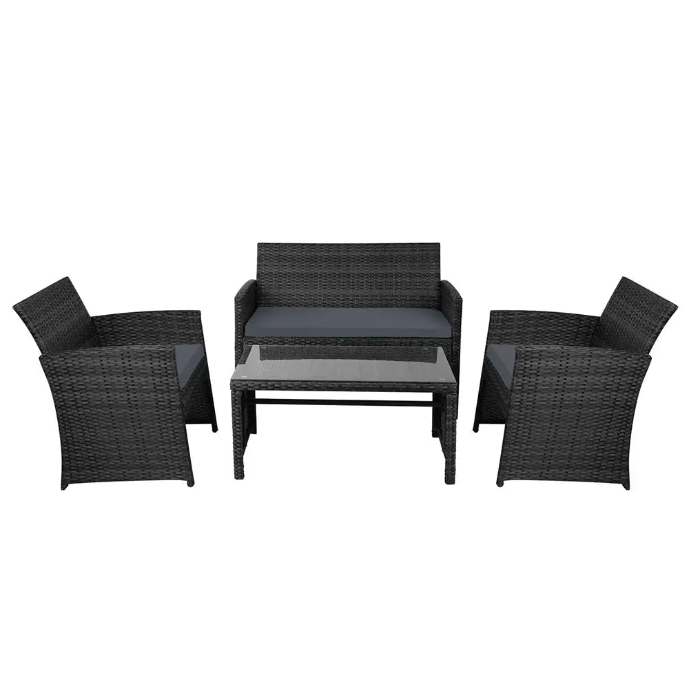 Gardeon 4 PCS Outdoor Sofa Set with Storage Cover Rattan Chair Furniture Black - Furniture > Outdoor > Outdoor Chairs