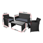 Gardeon 4 PCS Outdoor Sofa Set with Storage Cover Rattan Chair Furniture Black - Furniture > Outdoor > Outdoor Chairs