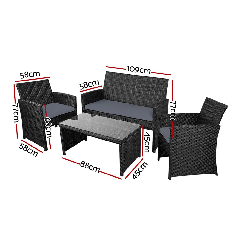Gardeon 4 PCS Outdoor Sofa Set with Storage Cover Rattan Chair Furniture Black - Furniture > Outdoor > Outdoor Chairs