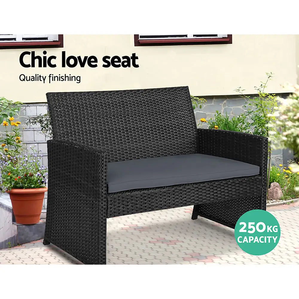 Gardeon 4 PCS Outdoor Sofa Set with Storage Cover Rattan Chair Furniture Black - Furniture > Outdoor > Outdoor Chairs