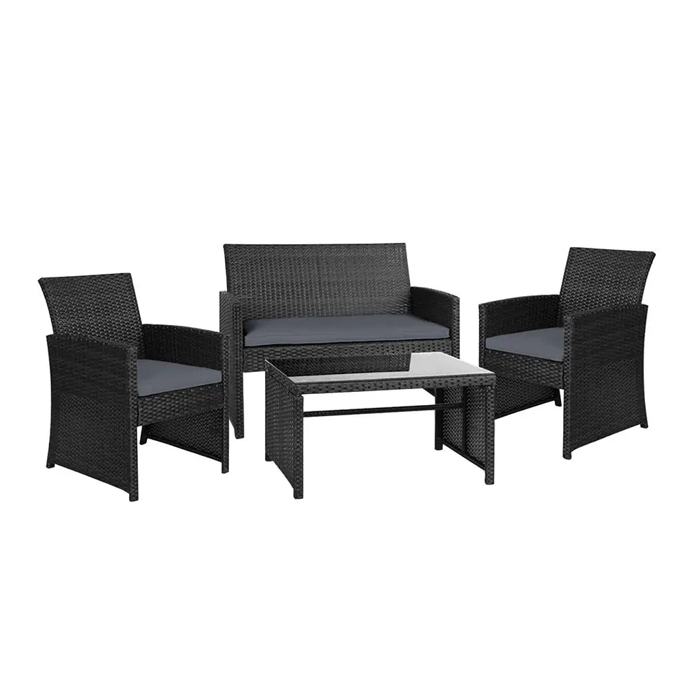 Gardeon 4 PCS Outdoor Sofa Set with Storage Cover Rattan Chair Furniture Black - Furniture > Outdoor > Outdoor Chairs