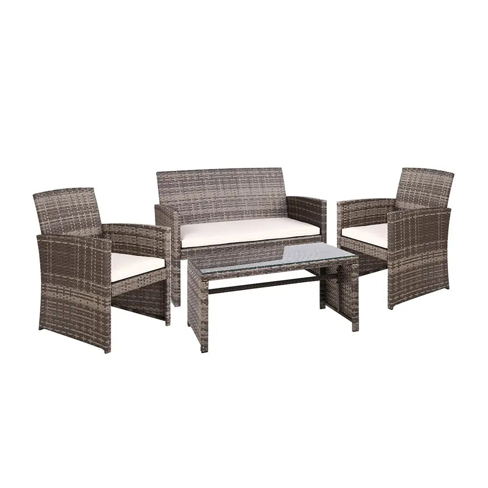 Gardeon 4 PCS Outdoor Sofa Set with Storage Cover Rattan Chair Furniture Grey - Furniture > Outdoor > Outdoor Chairs