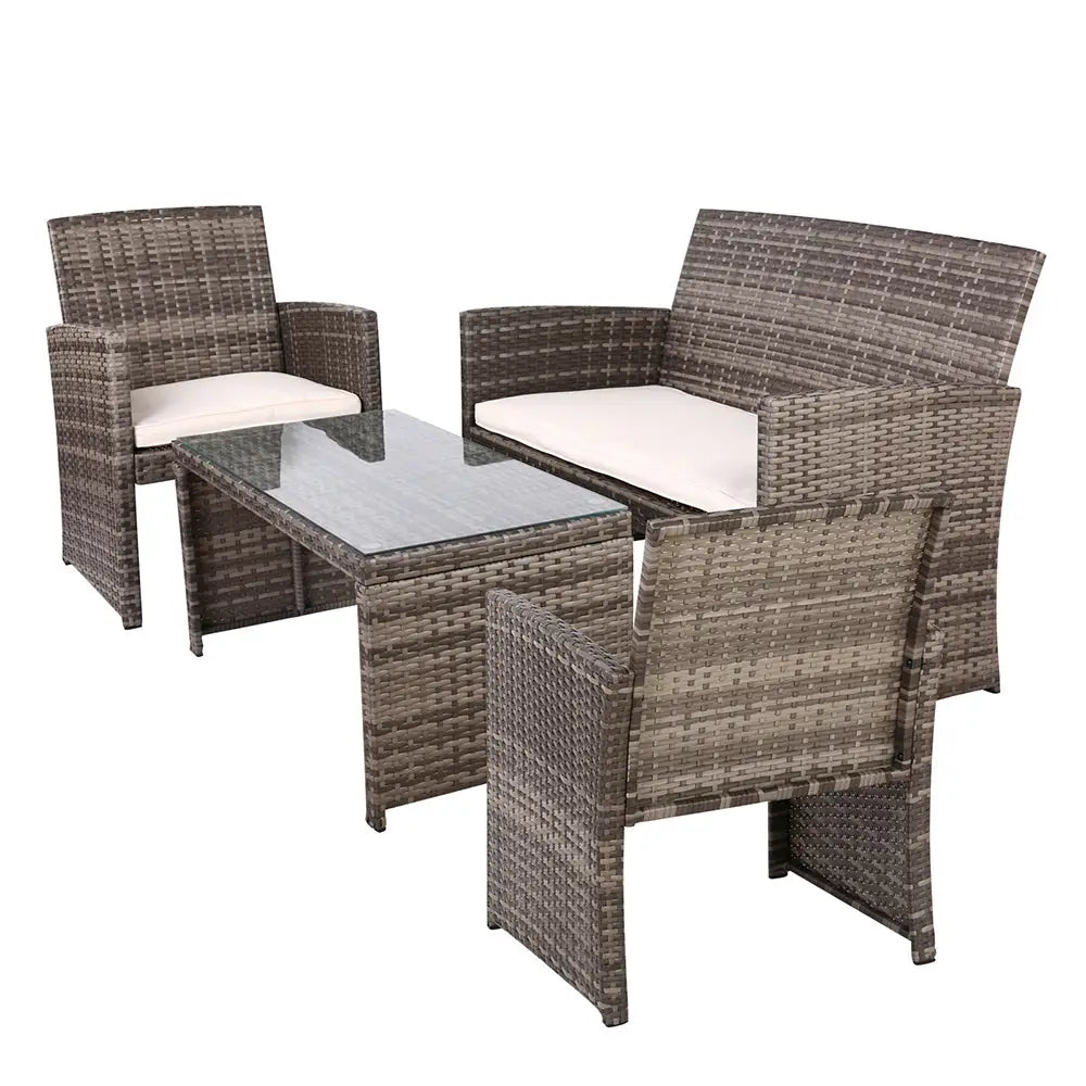 Gardeon 4 PCS Outdoor Sofa Set with Storage Cover Rattan Chair Furniture Grey - Furniture > Outdoor > Outdoor Chairs