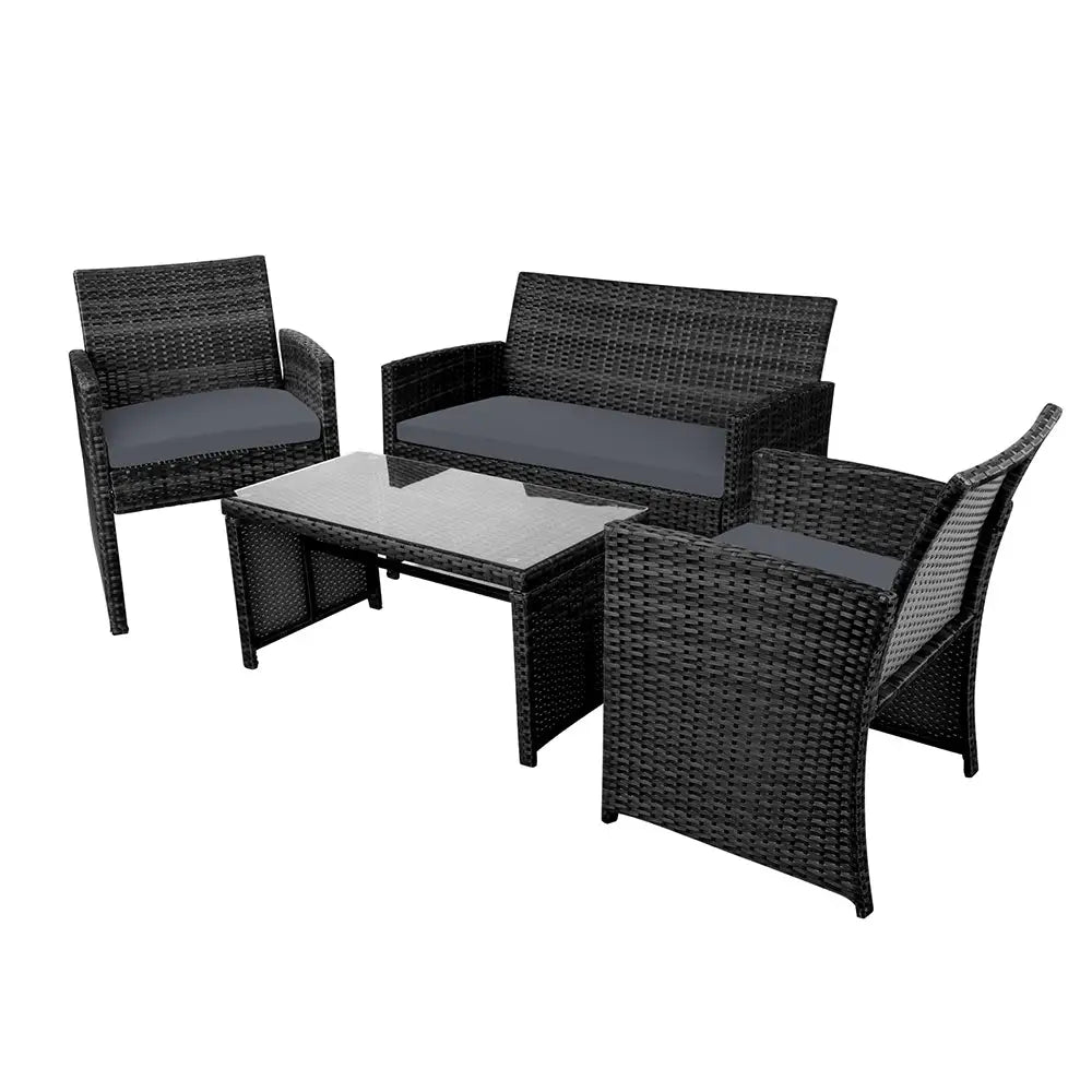 Gardeon 4 PCS Outdoor Sofa Set with Storage Cover Rattan Chair Furniture Black - Furniture > Outdoor > Outdoor Chairs