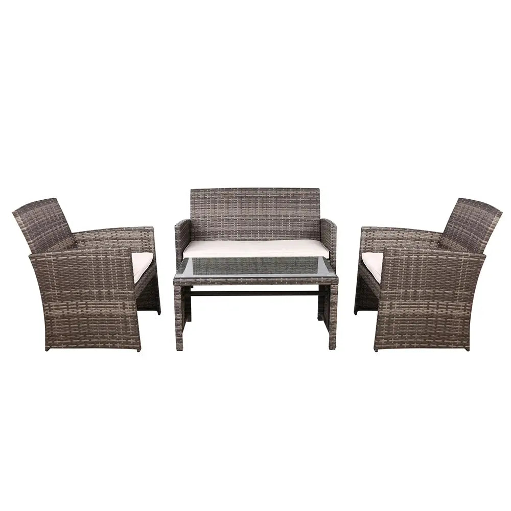 Gardeon 4 PCS Outdoor Sofa Set with Storage Cover Rattan Chair Furniture Grey - Furniture > Outdoor > Outdoor Chairs