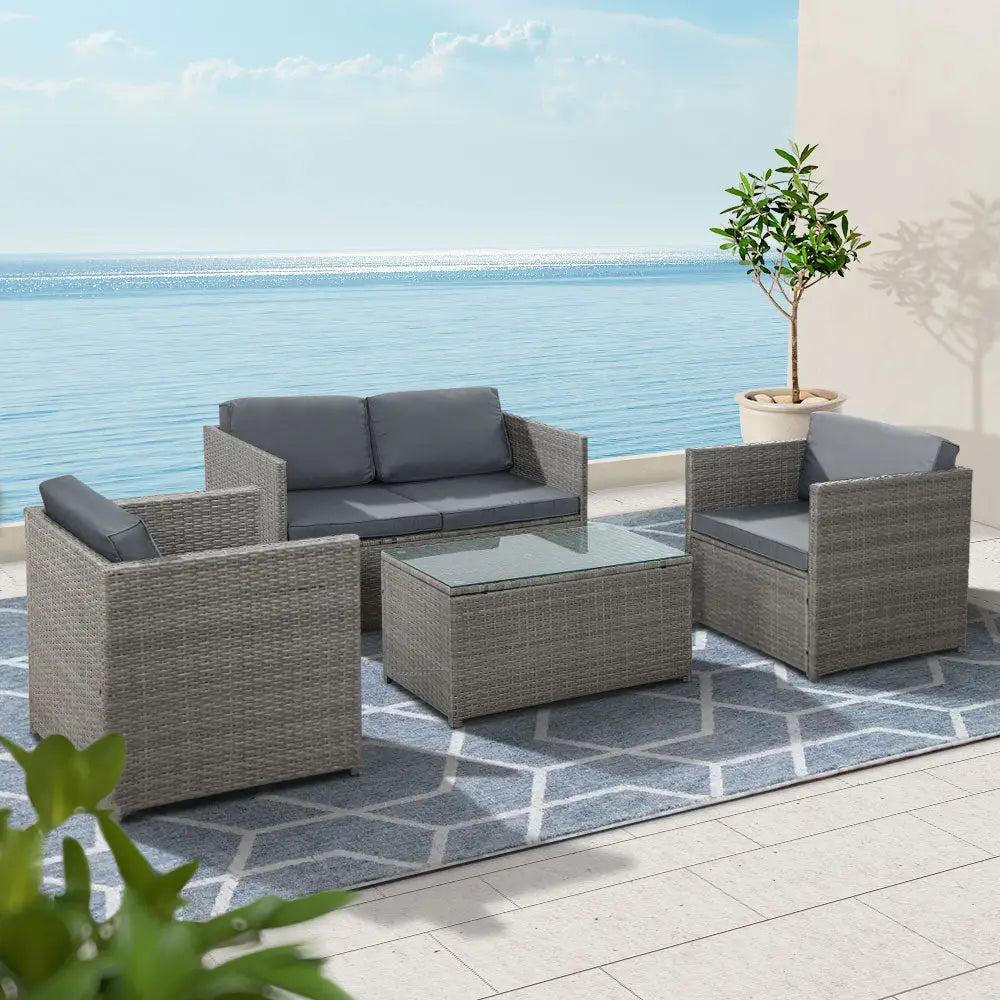 Gardeon 4-Piece Outdoor Sofa Set Wicker Couch Lounge Setting Grey - Furniture > Outdoor