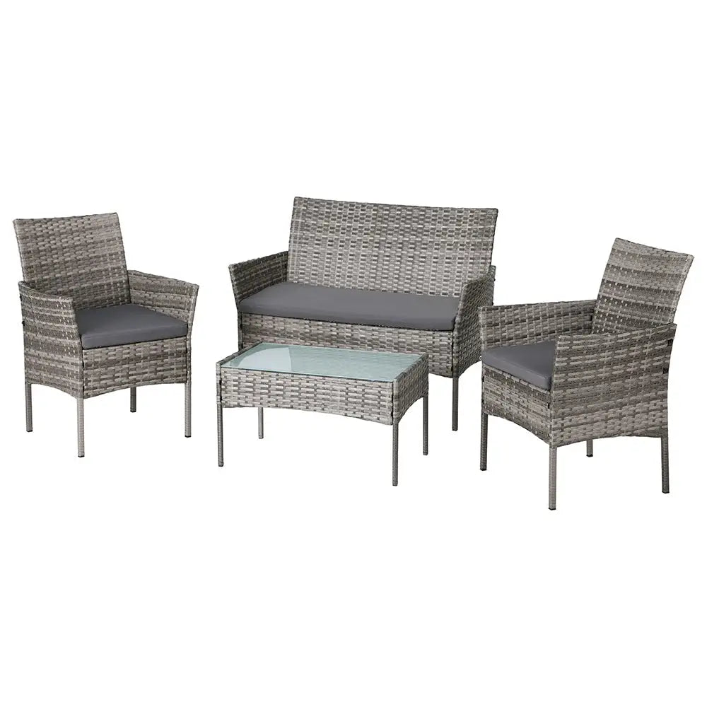 Gardeon 4 Seater Outdoor Sofa Set Wicker Setting Table Chair Furniture Grey - Furniture > Outdoor