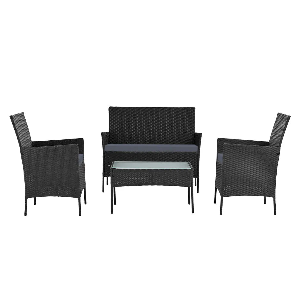 Gardeon 4 Seater Outdoor Sofa Set Wicker Setting Table Chair Furniture Black - Furniture > Outdoor