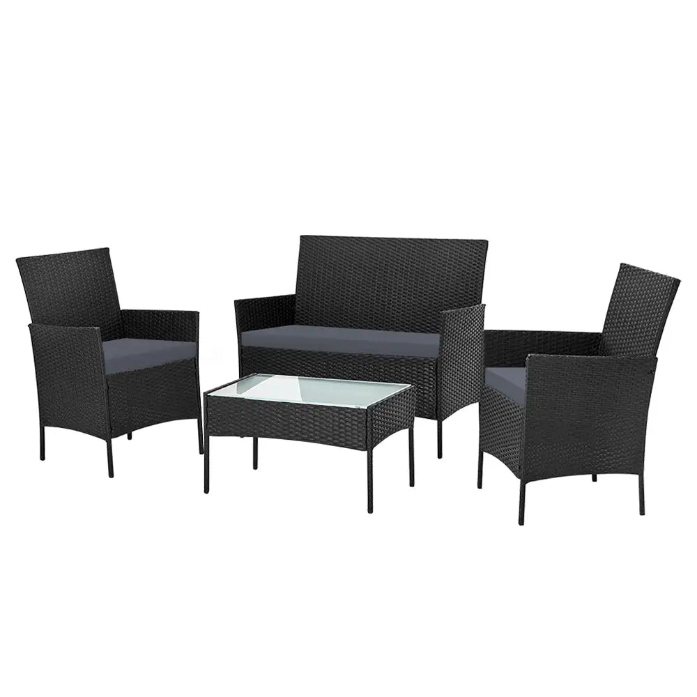 Gardeon 4 Seater Outdoor Sofa Set Wicker Setting Table Chair Furniture Black - Furniture > Outdoor