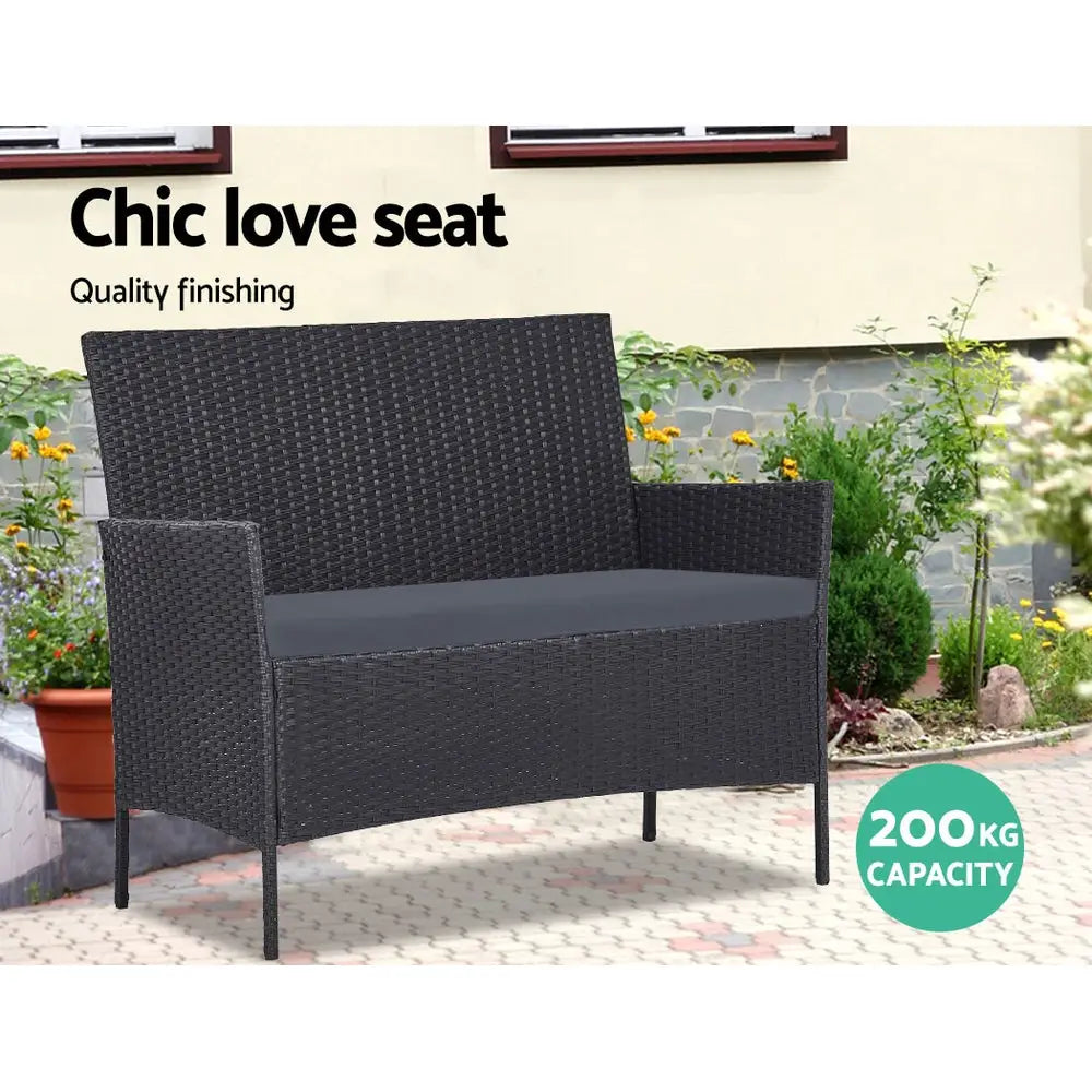 Gardeon 4 Seater Outdoor Sofa Set Wicker Setting Table Chair Furniture Black - Furniture > Outdoor