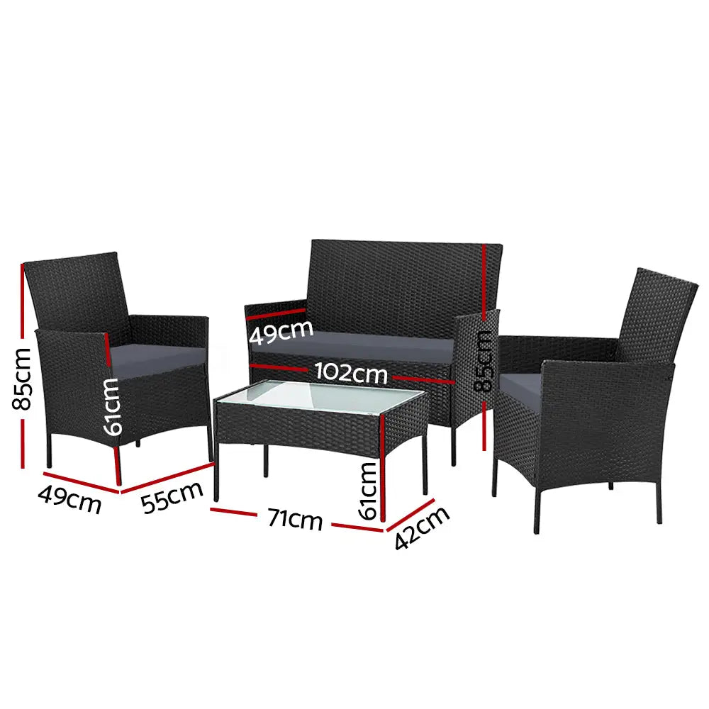 Gardeon 4 Seater Outdoor Sofa Set Wicker Setting Table Chair Furniture Black - Furniture > Outdoor