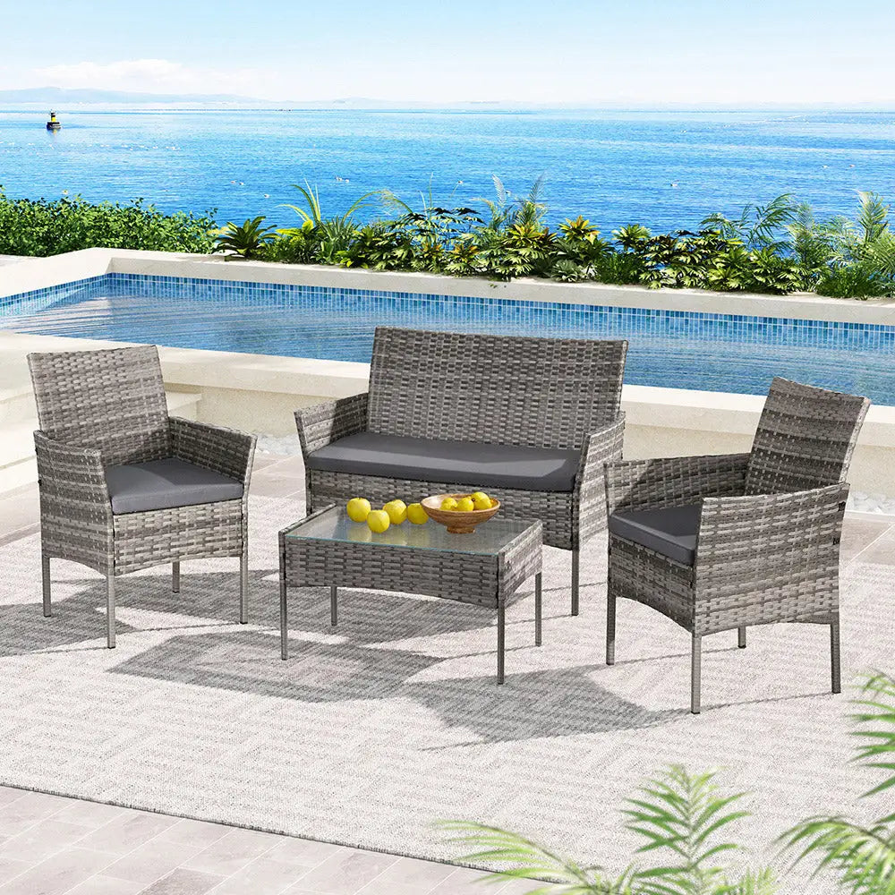 Gardeon 4 Seater Outdoor Sofa Set Wicker Setting Table Chair Furniture Grey - Furniture > Outdoor