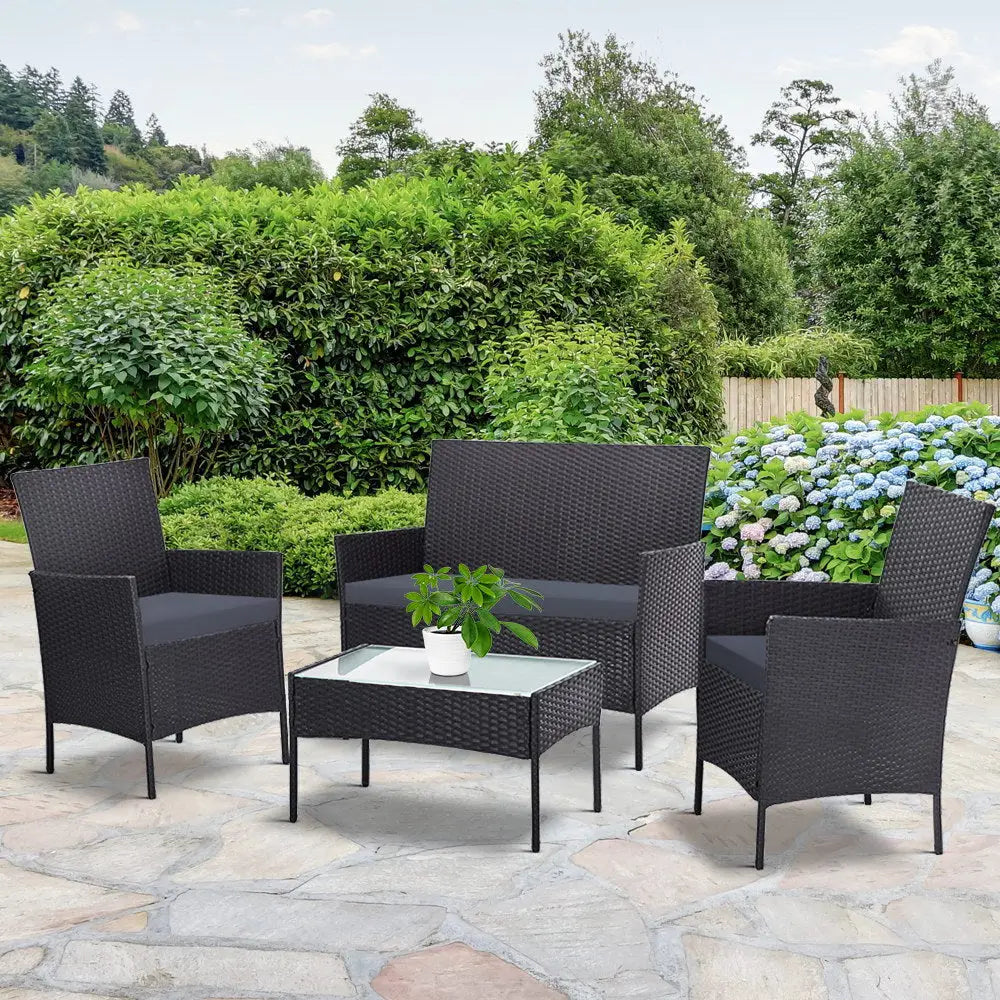 Gardeon 4 Seater Outdoor Sofa Set with Storage Cover Wicker Table Chair DarkGrey - Furniture > Outdoor > Outdoor Chairs