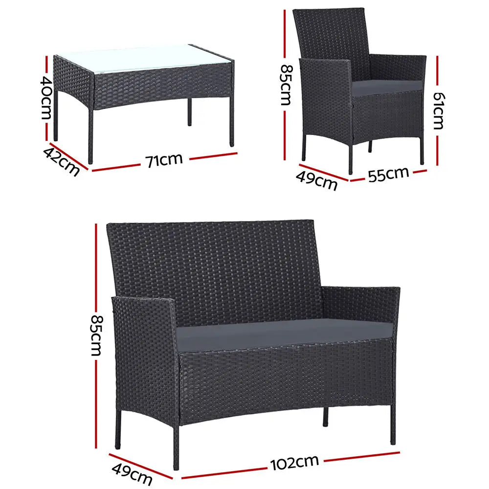 Gardeon 4 Seater Outdoor Sofa Set with Storage Cover Wicker Table Chair DarkGrey - Furniture > Outdoor > Outdoor Chairs