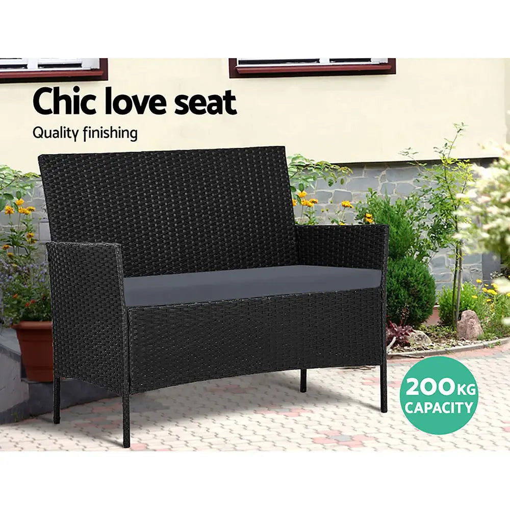 Gardeon 4 Seater Outdoor Sofa Set with Storage Cover Wicker Table Chair Black - Furniture > Bar Stools & Chairs > Arm