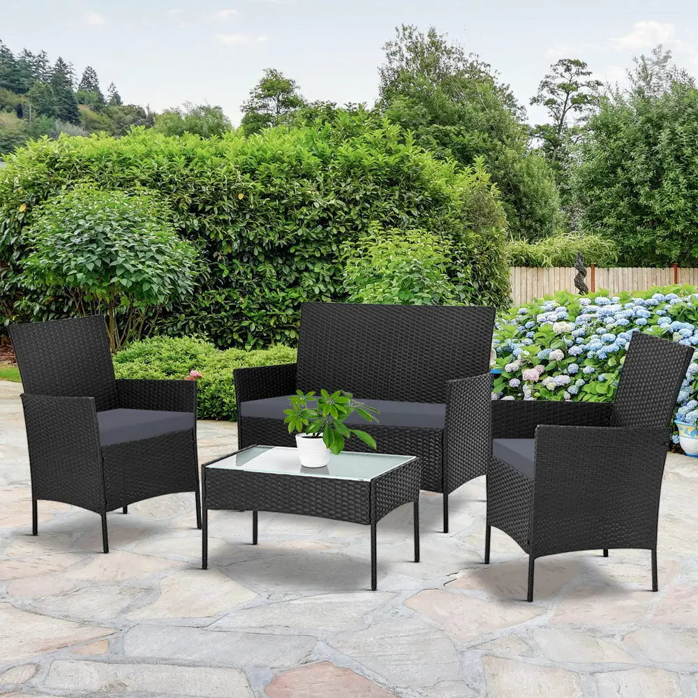 Gardeon 4 Seater Outdoor Sofa Set with Storage Cover Wicker Table Chair Black - Furniture > Bar Stools & Chairs > Arm