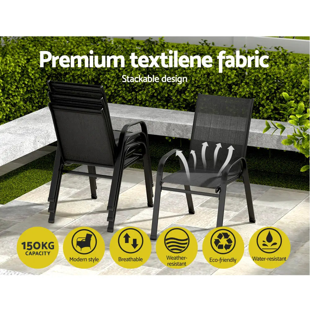 Gardeon 4PC Outdoor Dining Chairs Stackable Lounge Chair Patio Furniture Black - Furniture > Outdoor