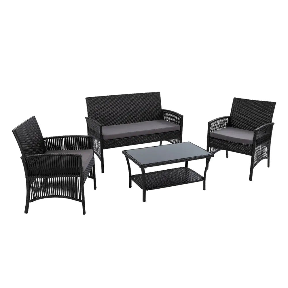 Gardeon 4PCS Outdoor Sofa Set Wicker Harp Chair Table Garden Furniture Black - Furniture > Outdoor
