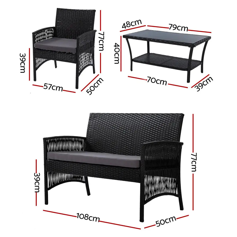 Gardeon 4PCS Outdoor Sofa Set Wicker Harp Chair Table Garden Furniture Black - Furniture > Outdoor
