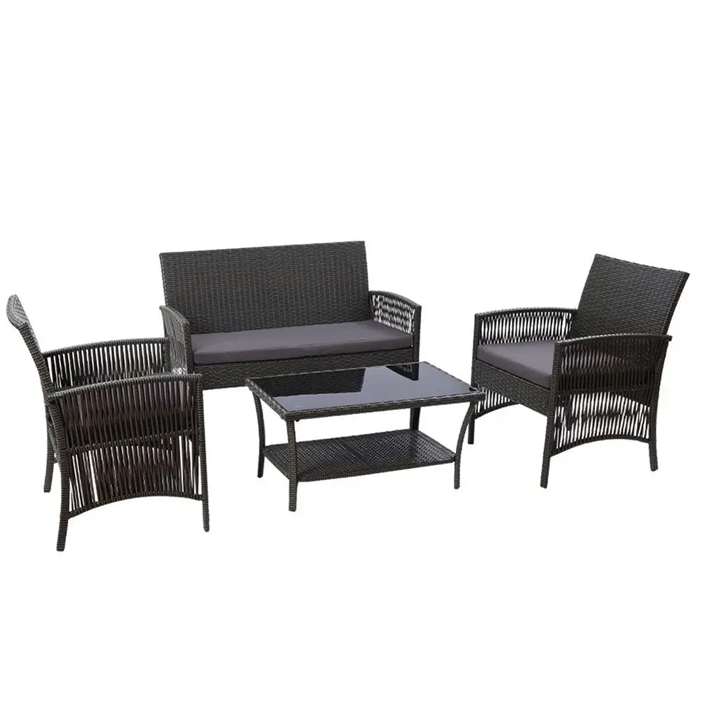 Gardeon 4PCS Outdoor Sofa Set Wicker Harp Chair Table Garden Furniture Grey - Furniture > Outdoor