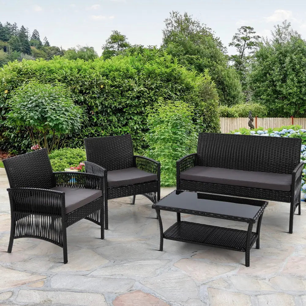 Gardeon 4PCS Outdoor Sofa Set Wicker Harp Chair Table Garden Furniture Black - Furniture > Outdoor