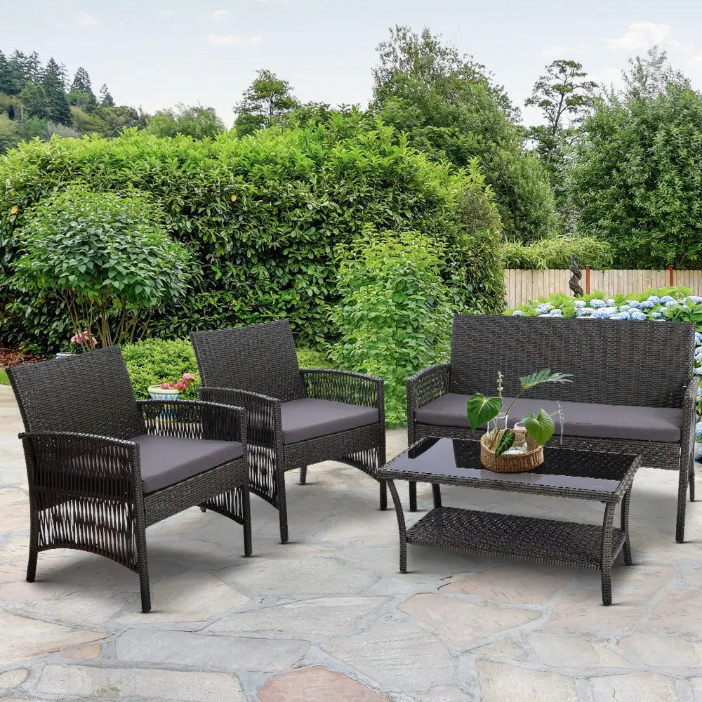 Gardeon 4PCS Outdoor Sofa Set Wicker Harp Chair Table Garden Furniture Grey - Furniture > Outdoor