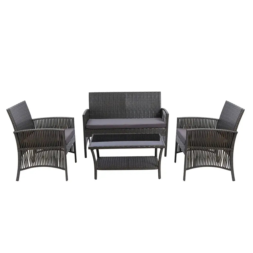 Gardeon 4PCS Outdoor Sofa Set with Storage Cover Wicker Harp Chair Table Grey - Furniture > Bar Stools & Chairs > Arm