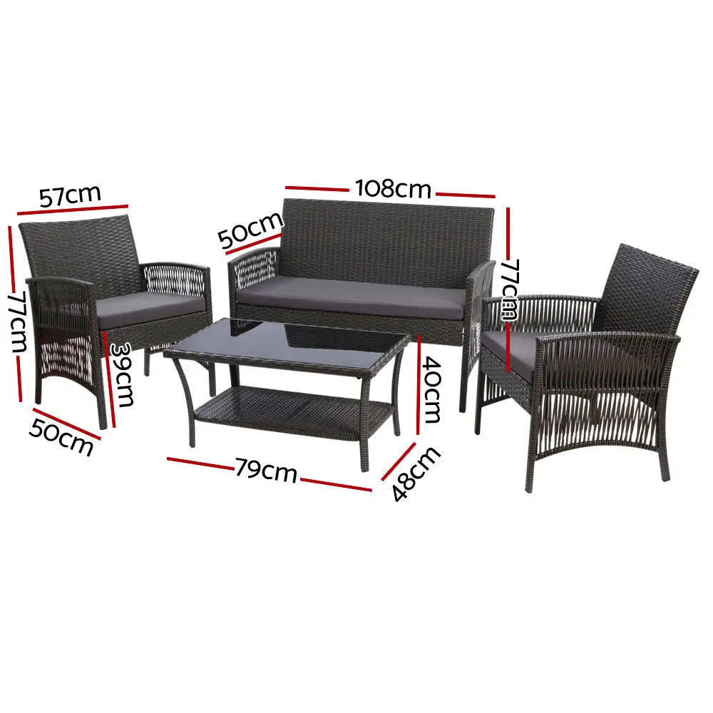Gardeon 4PCS Outdoor Sofa Set with Storage Cover Wicker Harp Chair Table Grey - Furniture > Bar Stools & Chairs > Arm