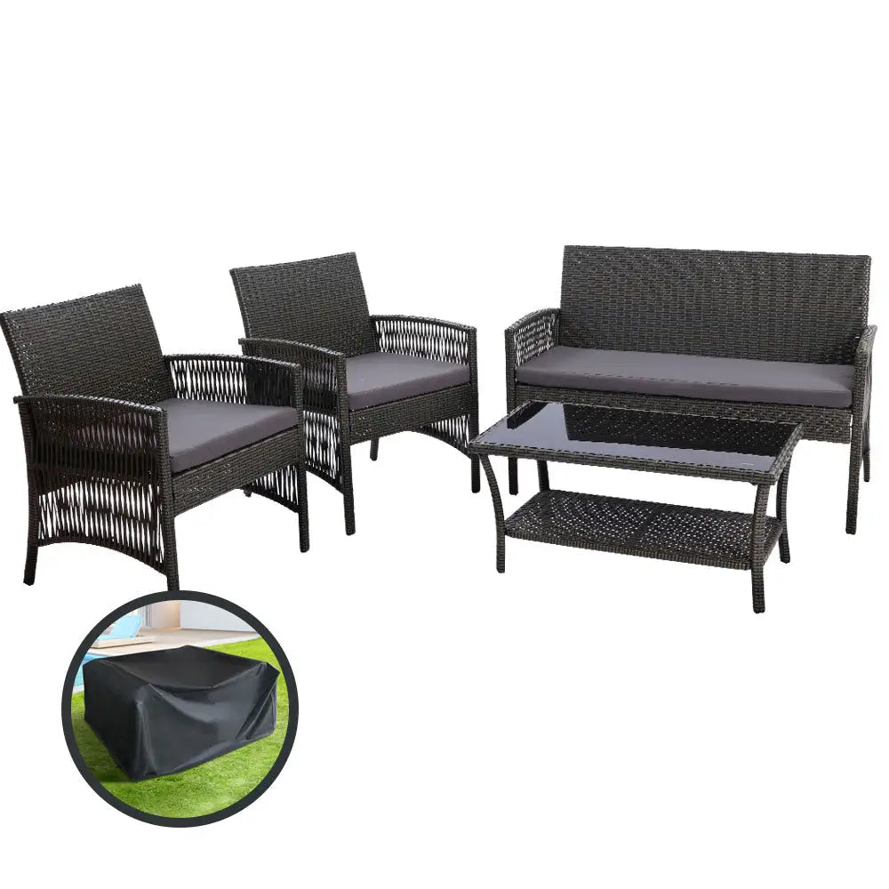 Gardeon 4PCS Outdoor Sofa Set with Storage Cover Wicker Harp Chair Table Grey - Furniture > Bar Stools & Chairs > Arm