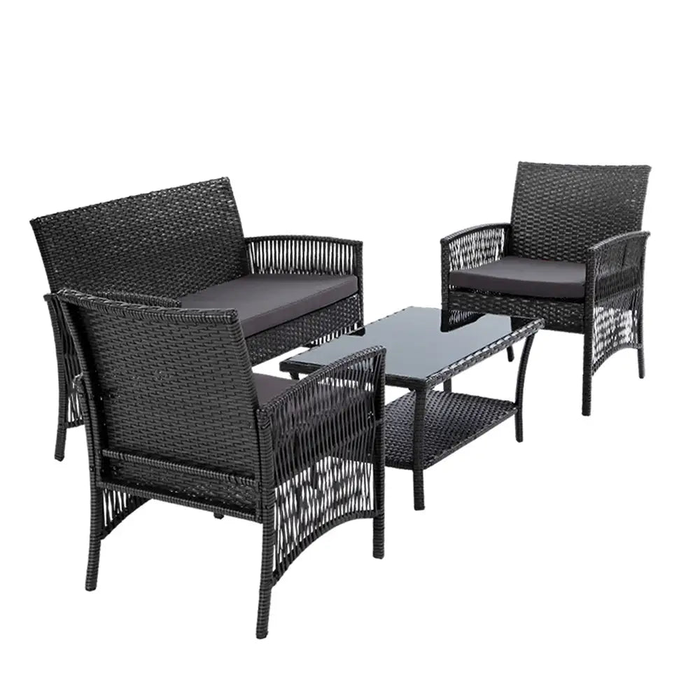 Gardeon 4PCS Outdoor Sofa Set with Storage Cover Wicker Harp Chair Table Grey - Furniture > Bar Stools & Chairs > Arm