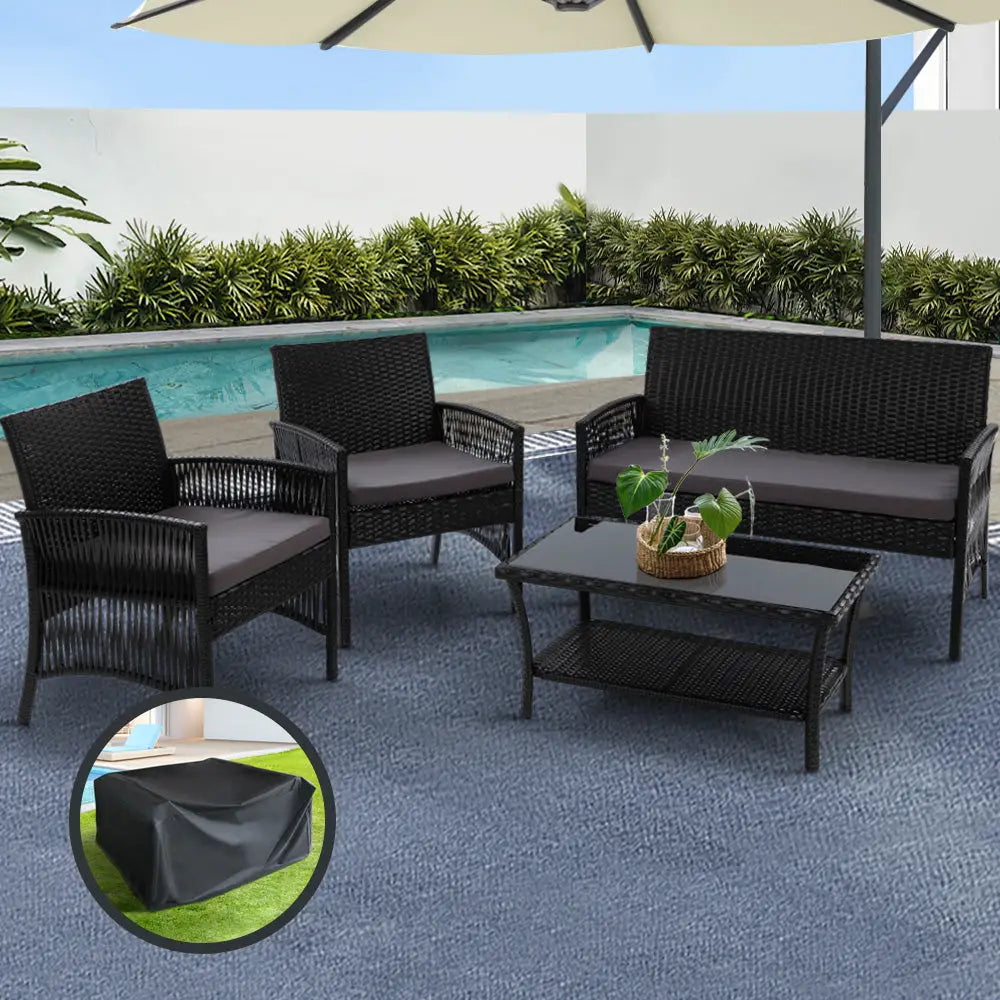 Gardeon 4PCS OutdoorSofa Set with Storage Cover Wicker Harp Chair Table Black - Furniture > Outdoor > Outdoor Sofas &