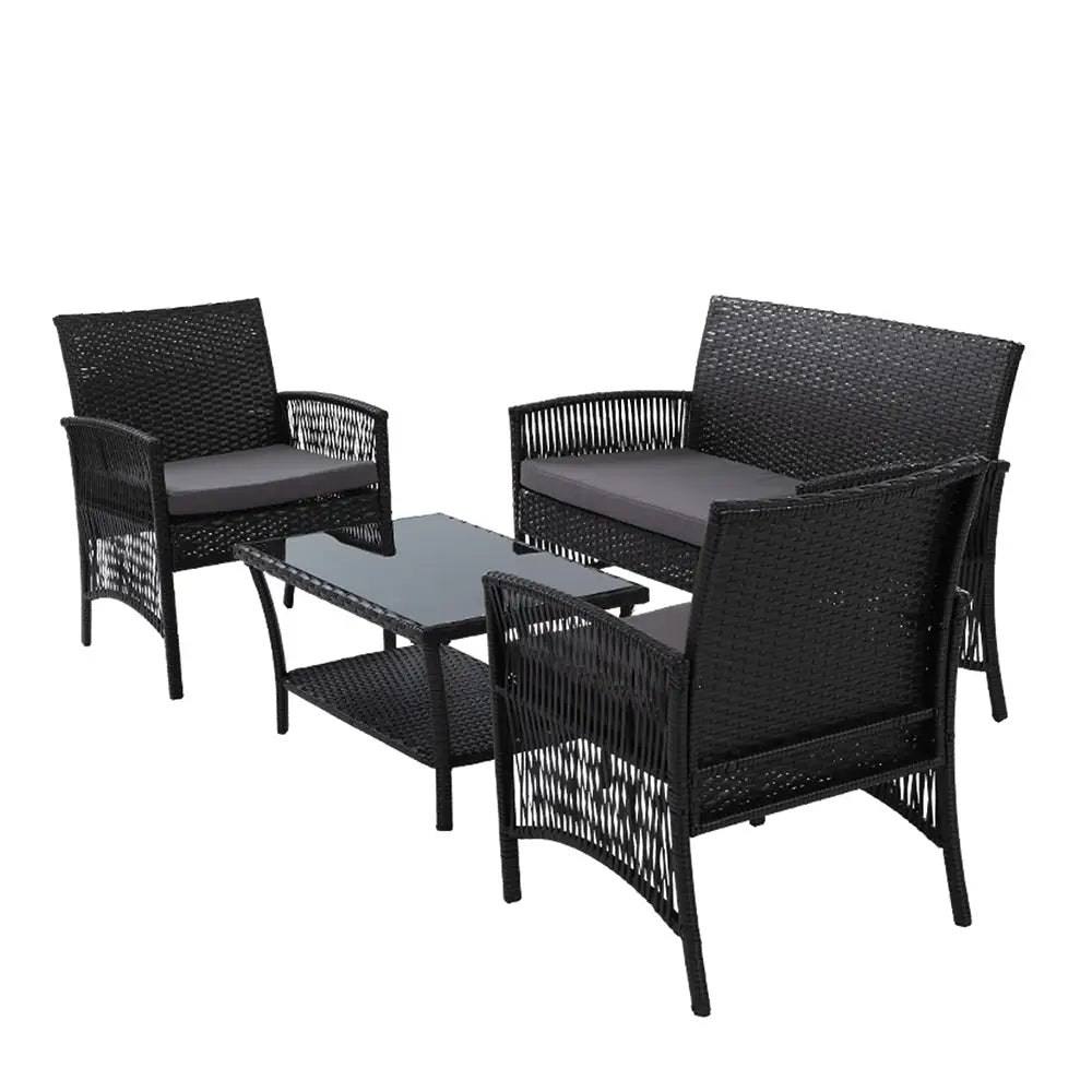 Gardeon 4PCS OutdoorSofa Set with Storage Cover Wicker Harp Chair Table Black - Furniture > Outdoor > Outdoor Sofas &