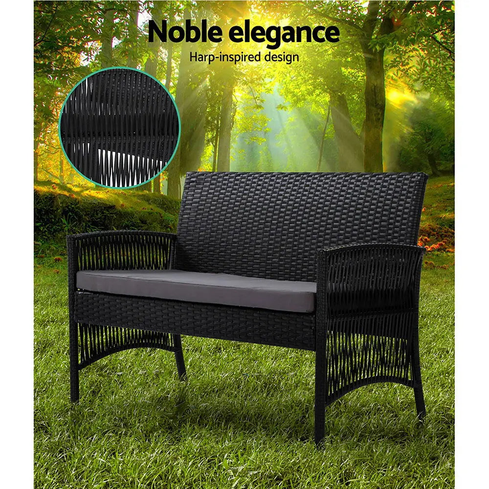 Gardeon 4PCS OutdoorSofa Set with Storage Cover Wicker Harp Chair Table Black - Furniture > Outdoor > Outdoor Sofas &