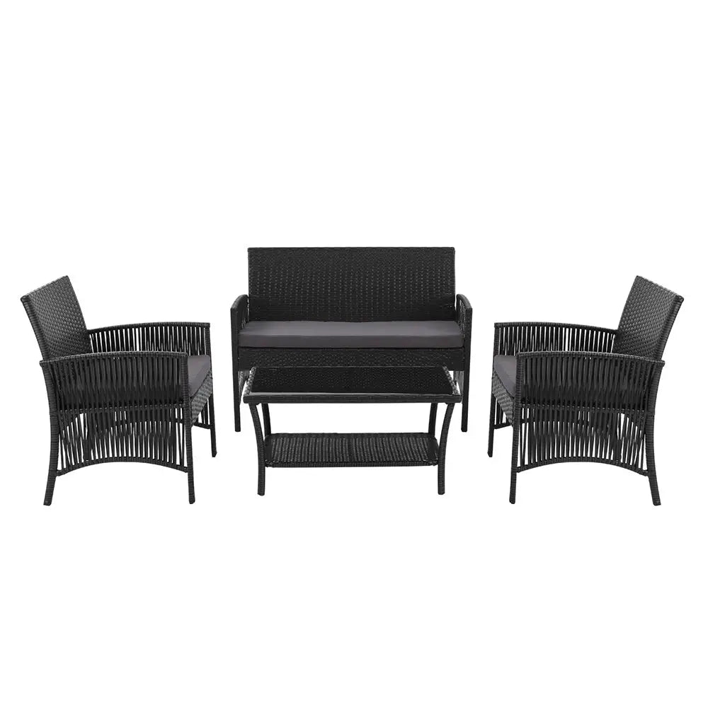 Gardeon 4PCS OutdoorSofa Set with Storage Cover Wicker Harp Chair Table Black - Furniture > Outdoor > Outdoor Sofas &